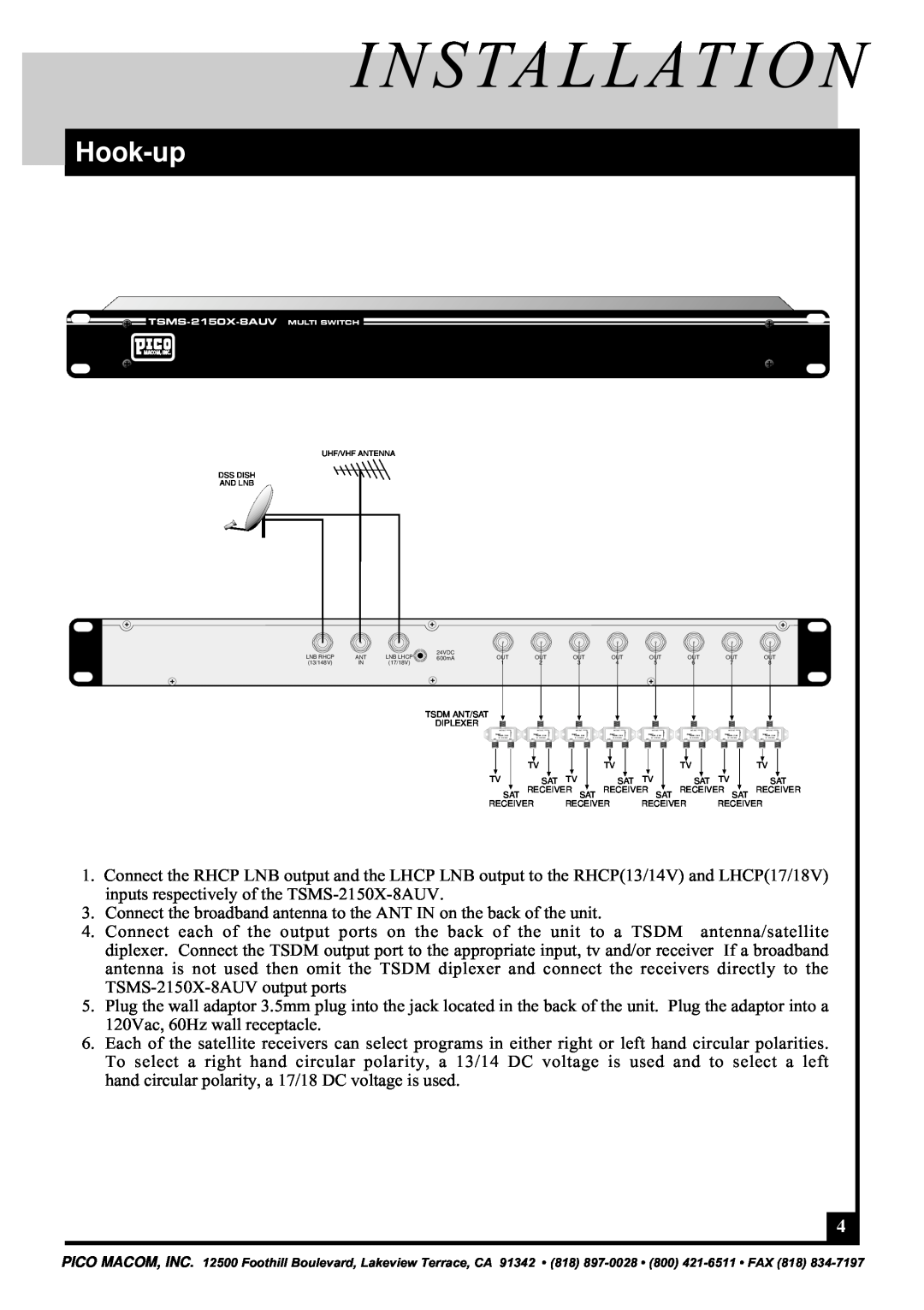 Pico Communications TSMS-2150X-8AUV operation manual Installation, Hook-up 