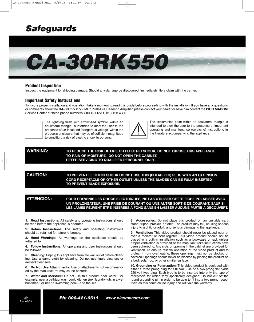 Pico Macom CA-30RK559 operation manual Product Inspection, Important Safety Instructions 