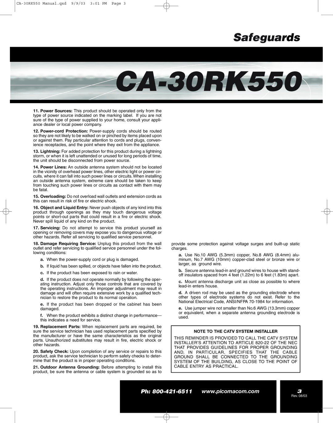 Pico Macom CA-30RK559 operation manual CA-30RK550 