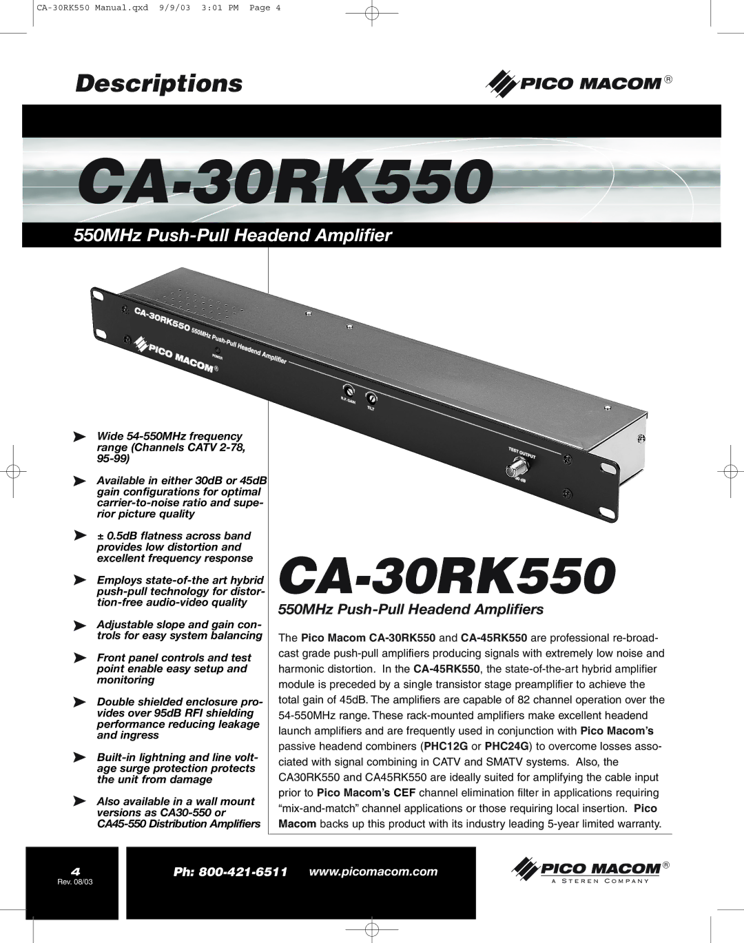 Pico Macom CA-30RK559 operation manual CA-30RK550, 550MHz Push-Pull Headend Amplifiers 