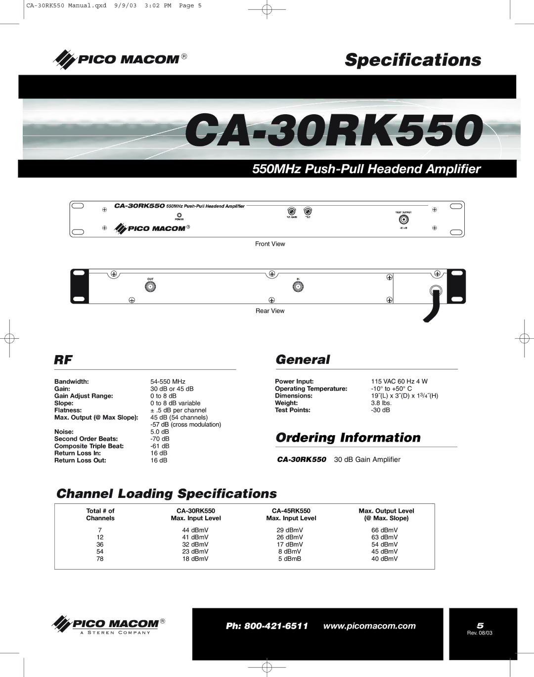 Pico Macom CA-30RK559 operation manual Specifications 