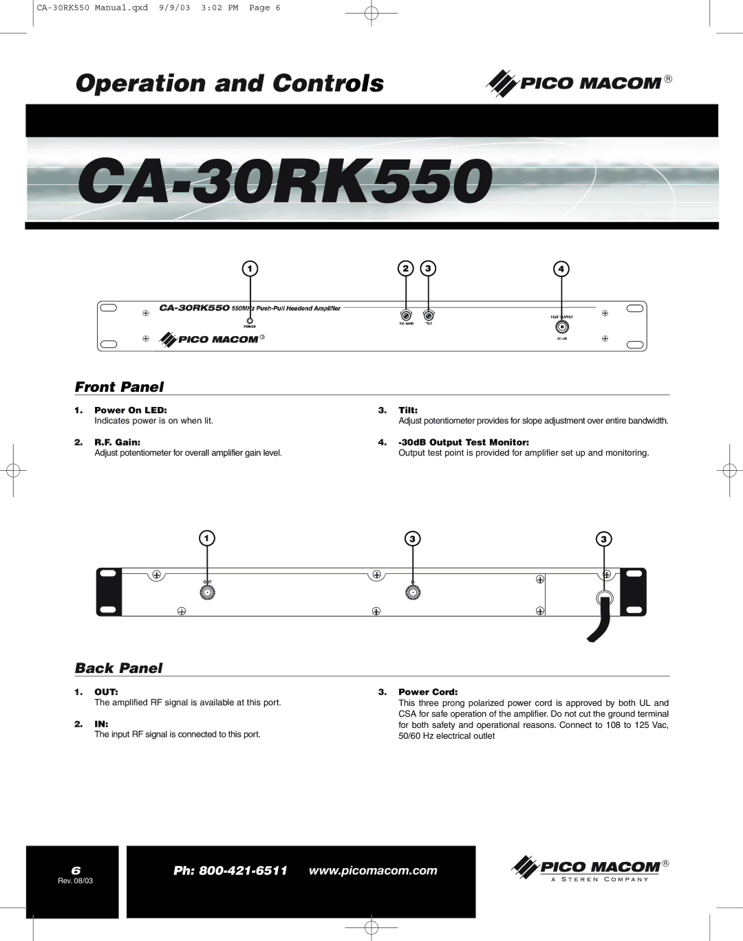 Pico Macom CA-30RK559 operation manual Front Panel, Back Panel 