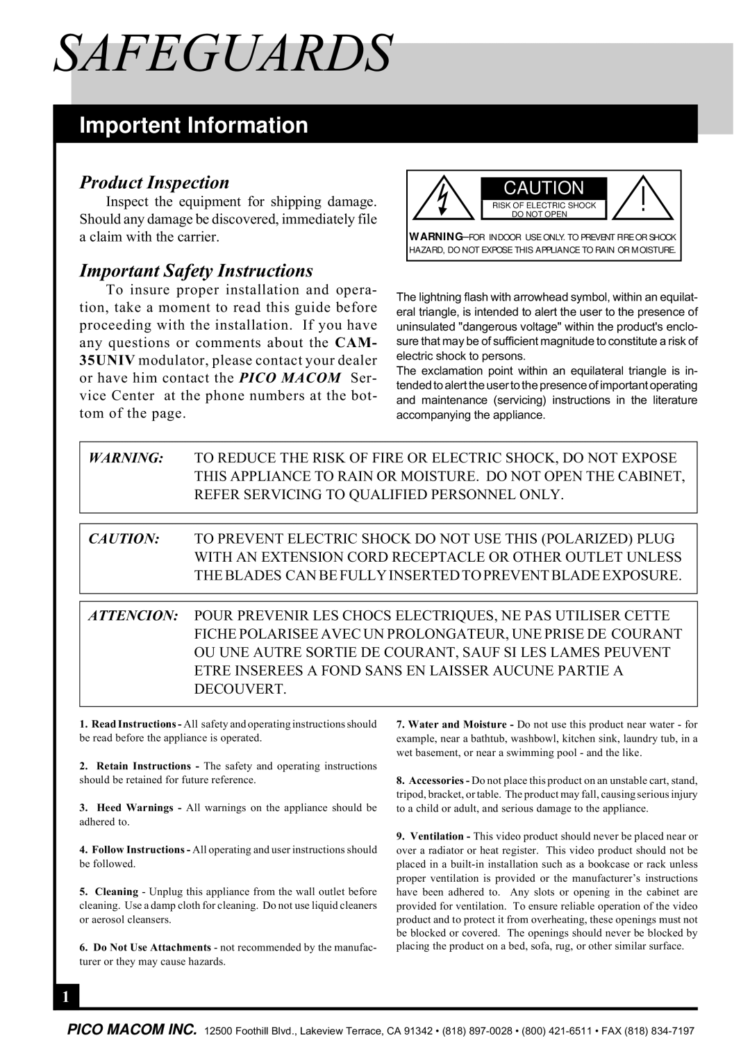 Pico Macom CAM-35UNIV operation manual Safeguards, Importent Information 