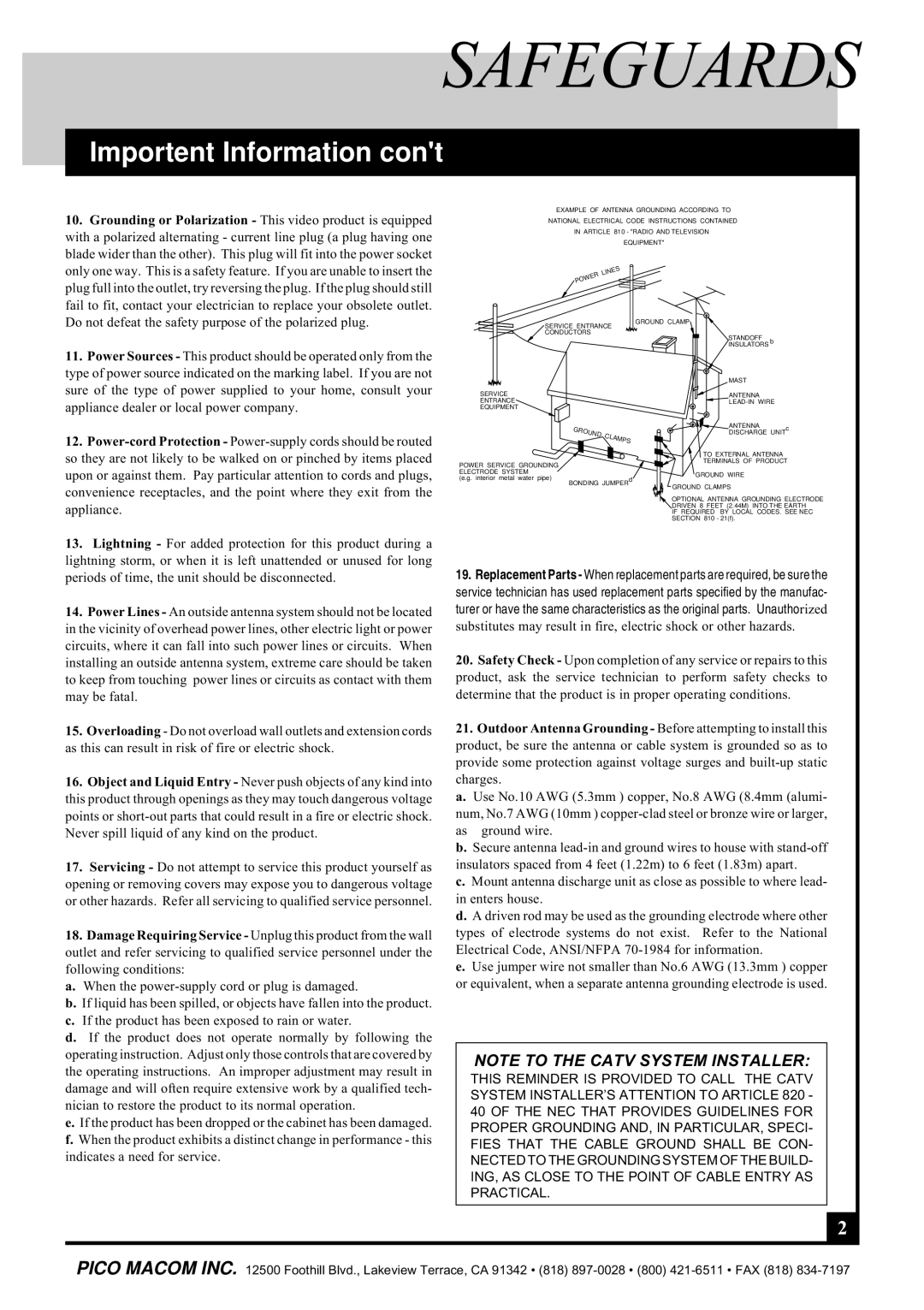 Pico Macom CAM-35UNIV operation manual Grounding or Polarization This video product is equipped 