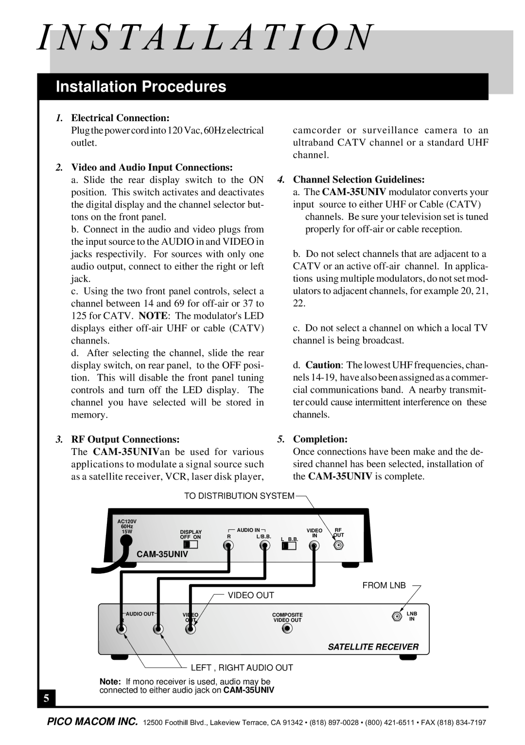 Pico Macom CAM-35UNIV operation manual Installation Procedures 