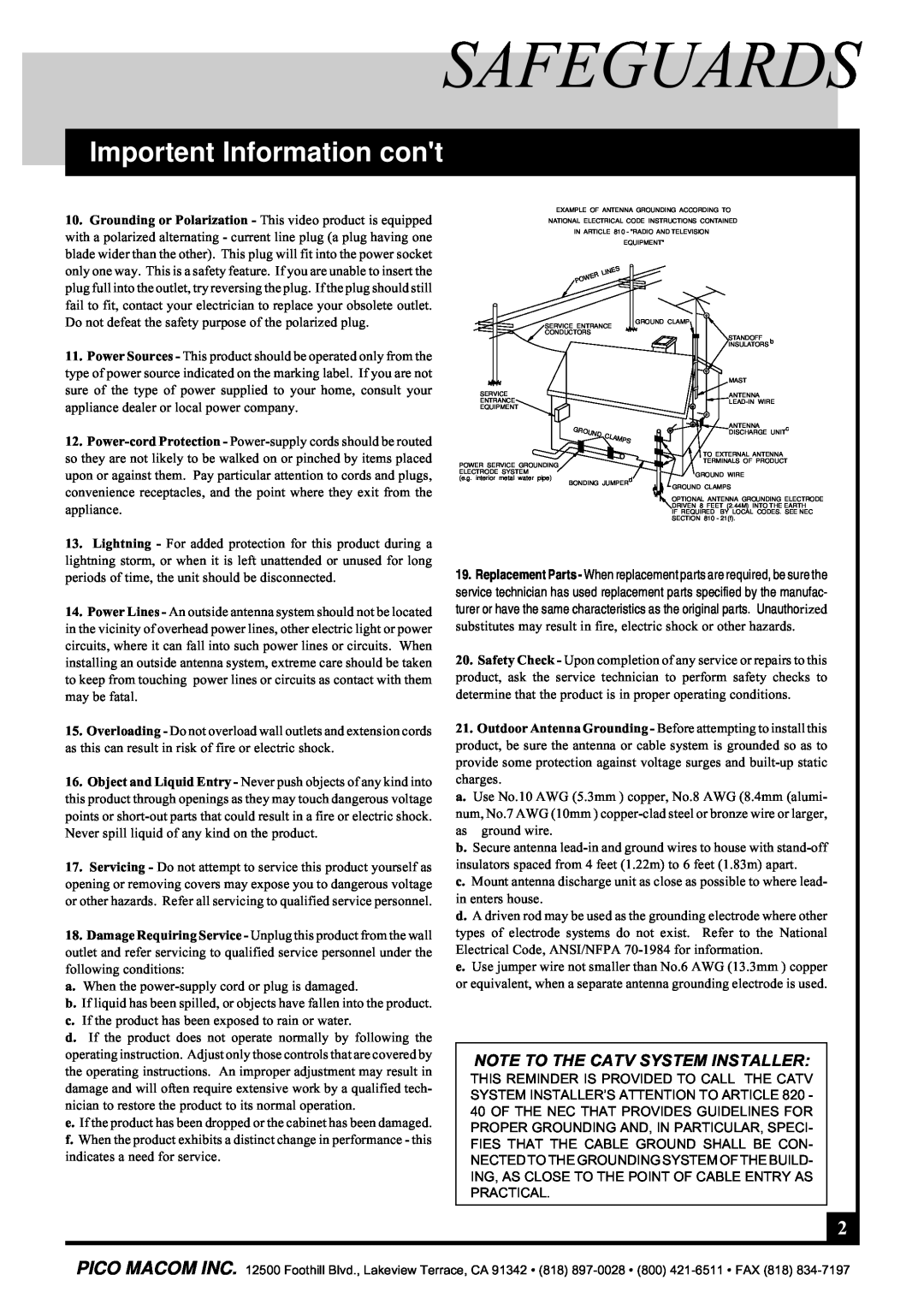 Pico Macom CAM-35UNIV operation manual Importent Information cont, Safeguards, Note To The Catv System Installer 