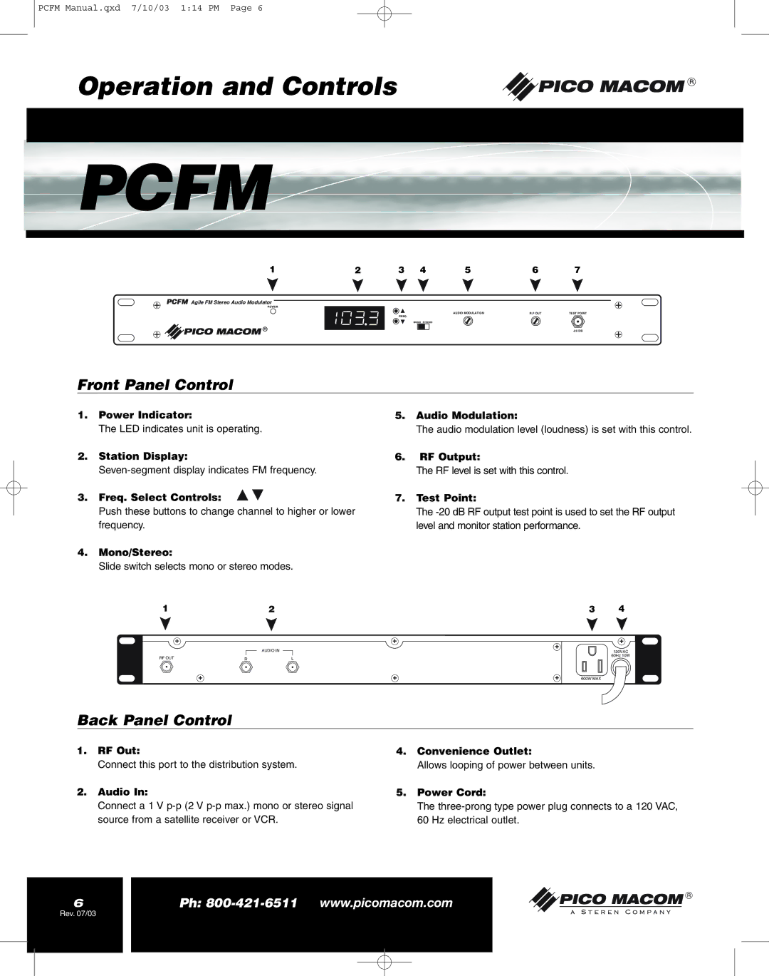 Pico Macom FM Stereo Audio Modulator operation manual Operation and Controls 