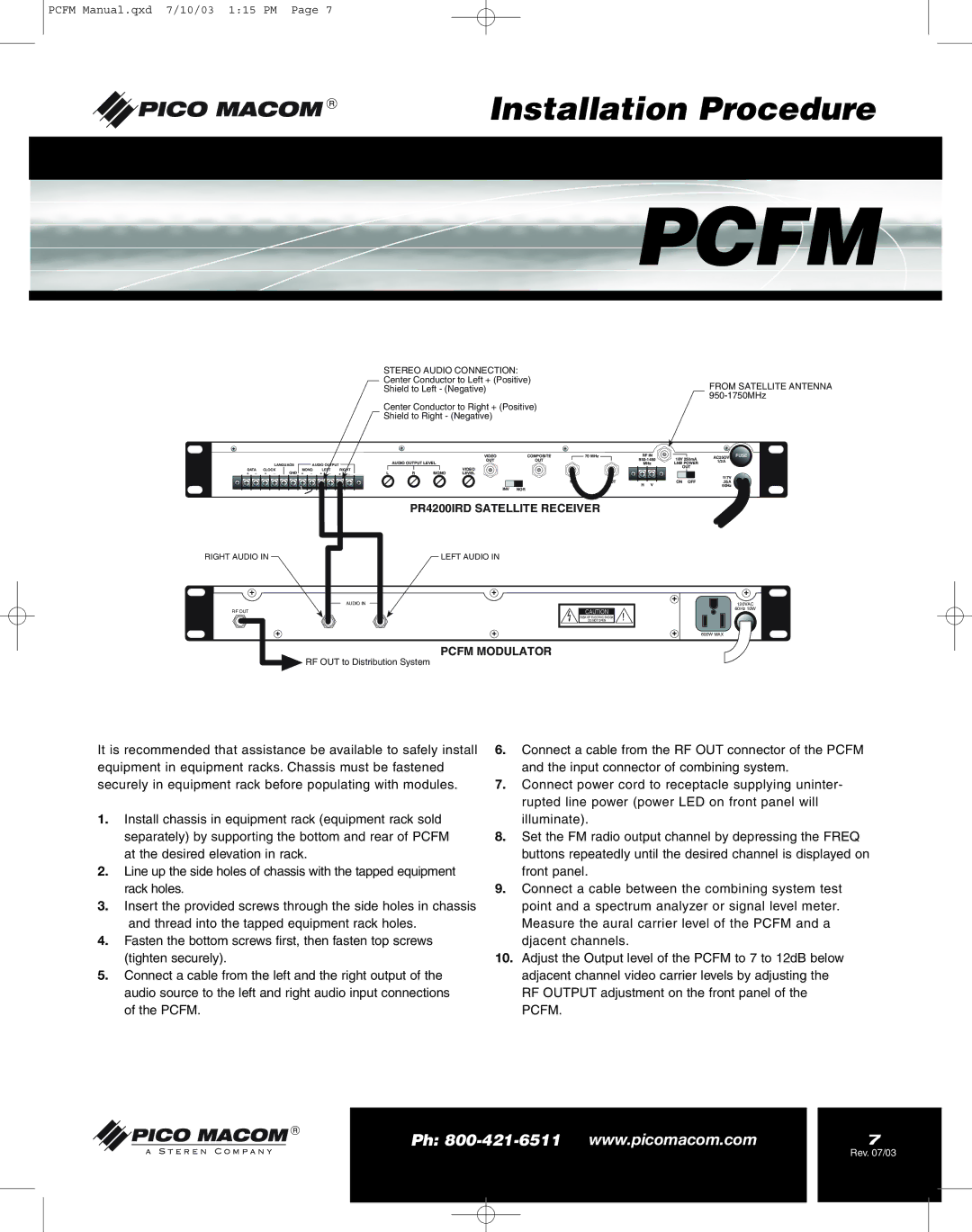 Pico Macom FM Stereo Audio Modulator operation manual Installation Procedure 