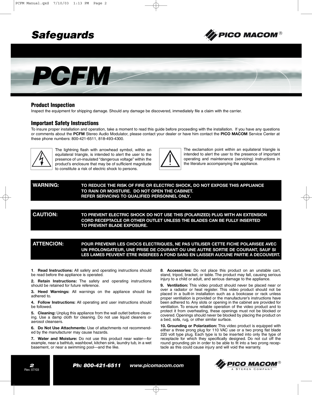 Pico Macom FM Stereo Audio Modulator operation manual Safeguards, Product Inspection, Important Safety Instructions, Pcfm 