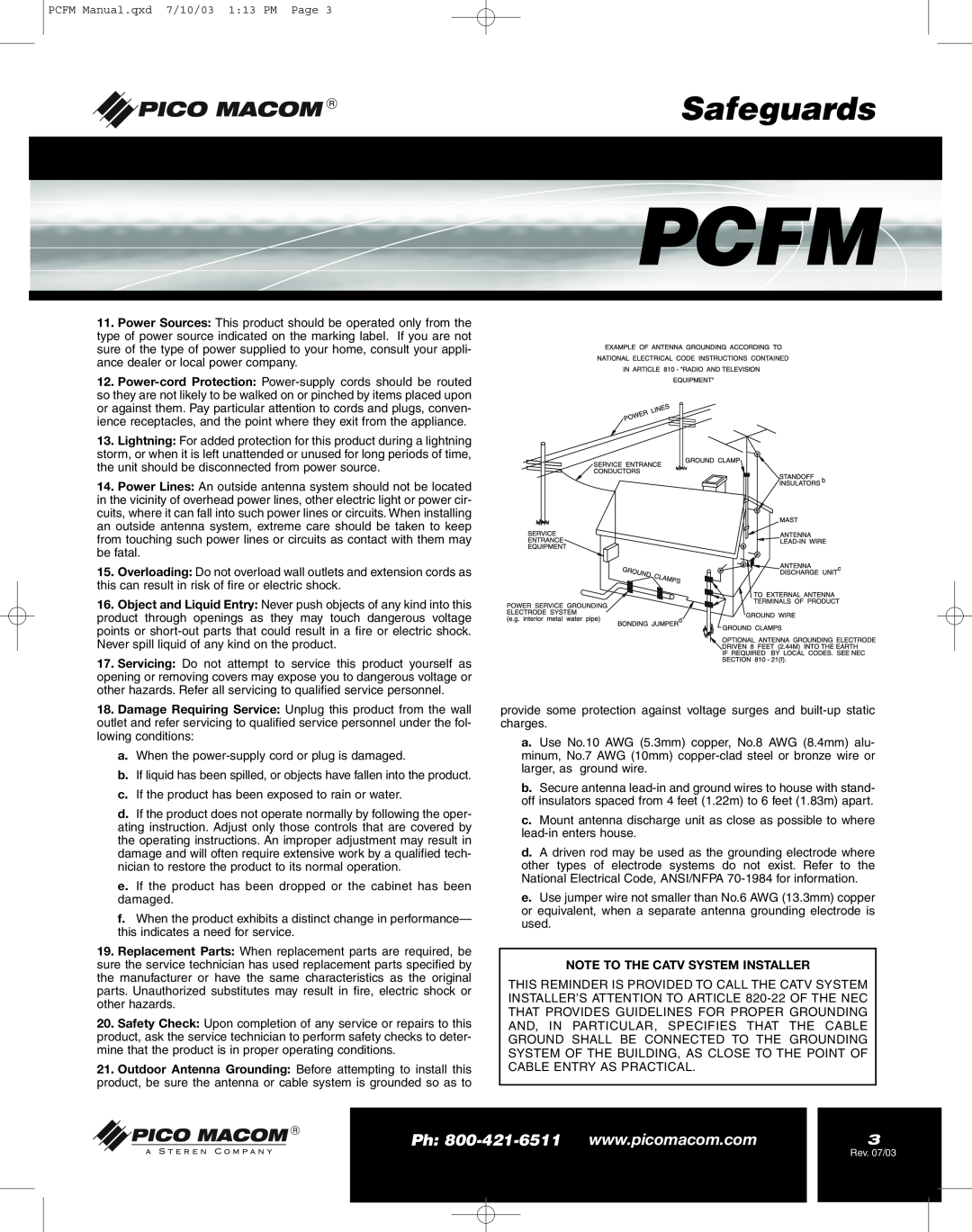 Pico Macom FM Stereo Audio Modulator operation manual Pcfm, Safeguards, Note To The Catv System Installer 