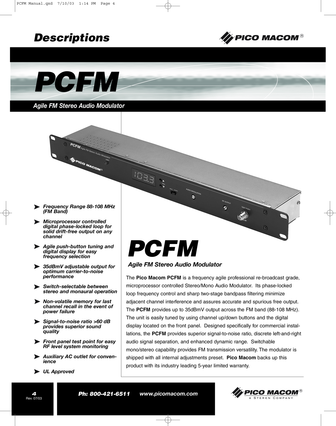 Pico Macom operation manual Descriptions, Agile FM Stereo Audio Modulator, Pcfm 