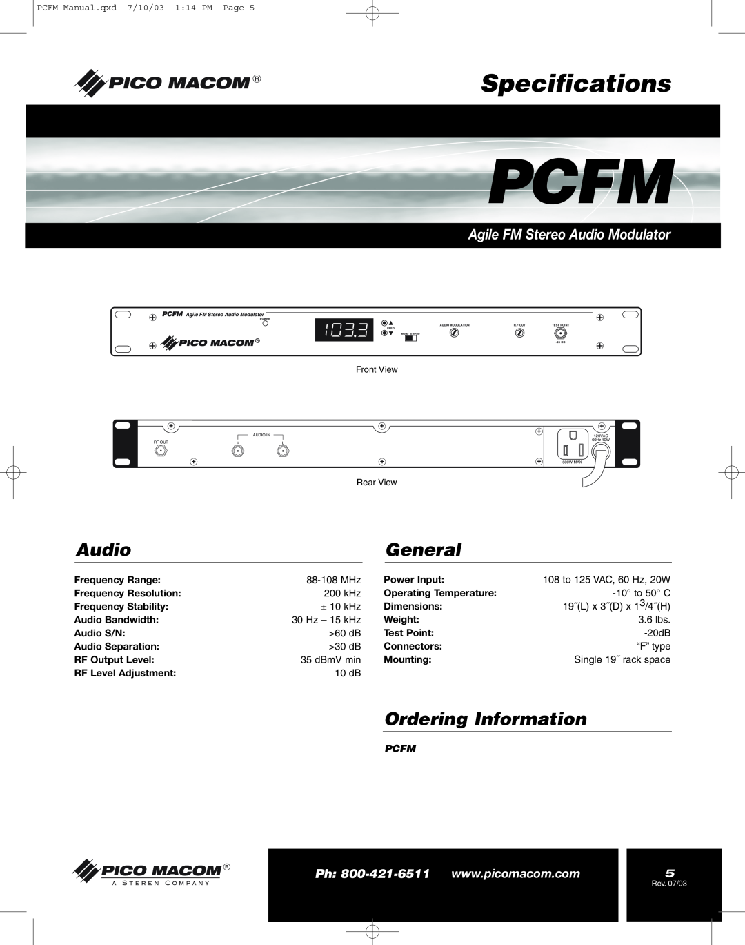 Pico Macom operation manual Specifications, Pcfm, General, Ordering Information, Agile FM Stereo Audio Modulator 