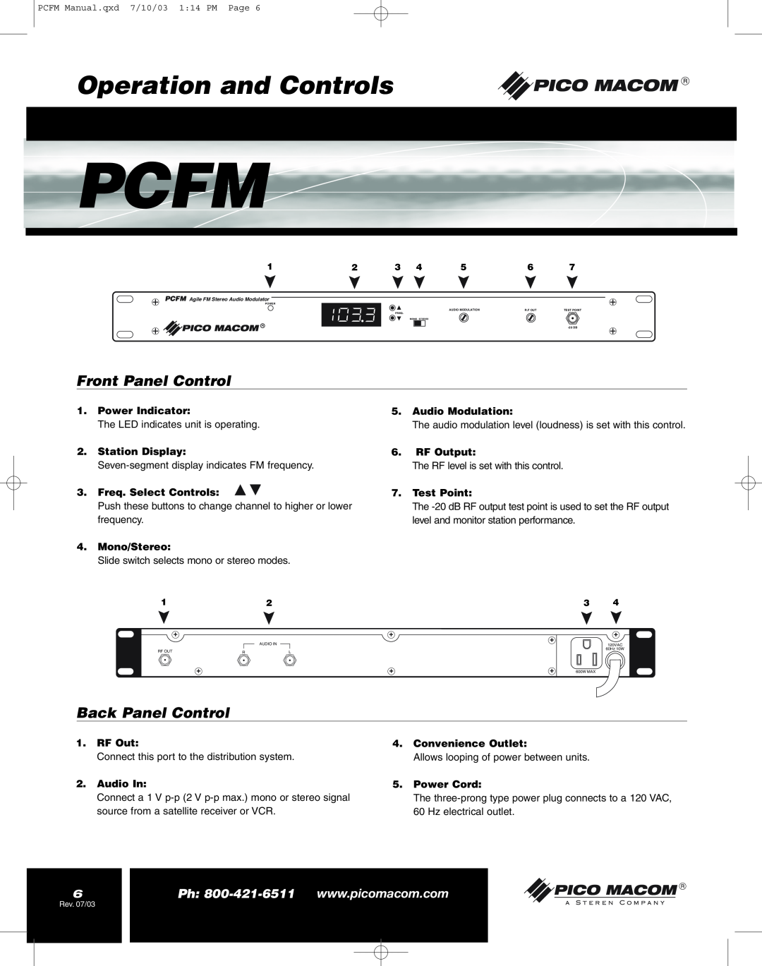 Pico Macom FM Stereo Audio Modulator operation manual Operation and Controls, Pcfm, Front Panel Control, Back Panel Control 