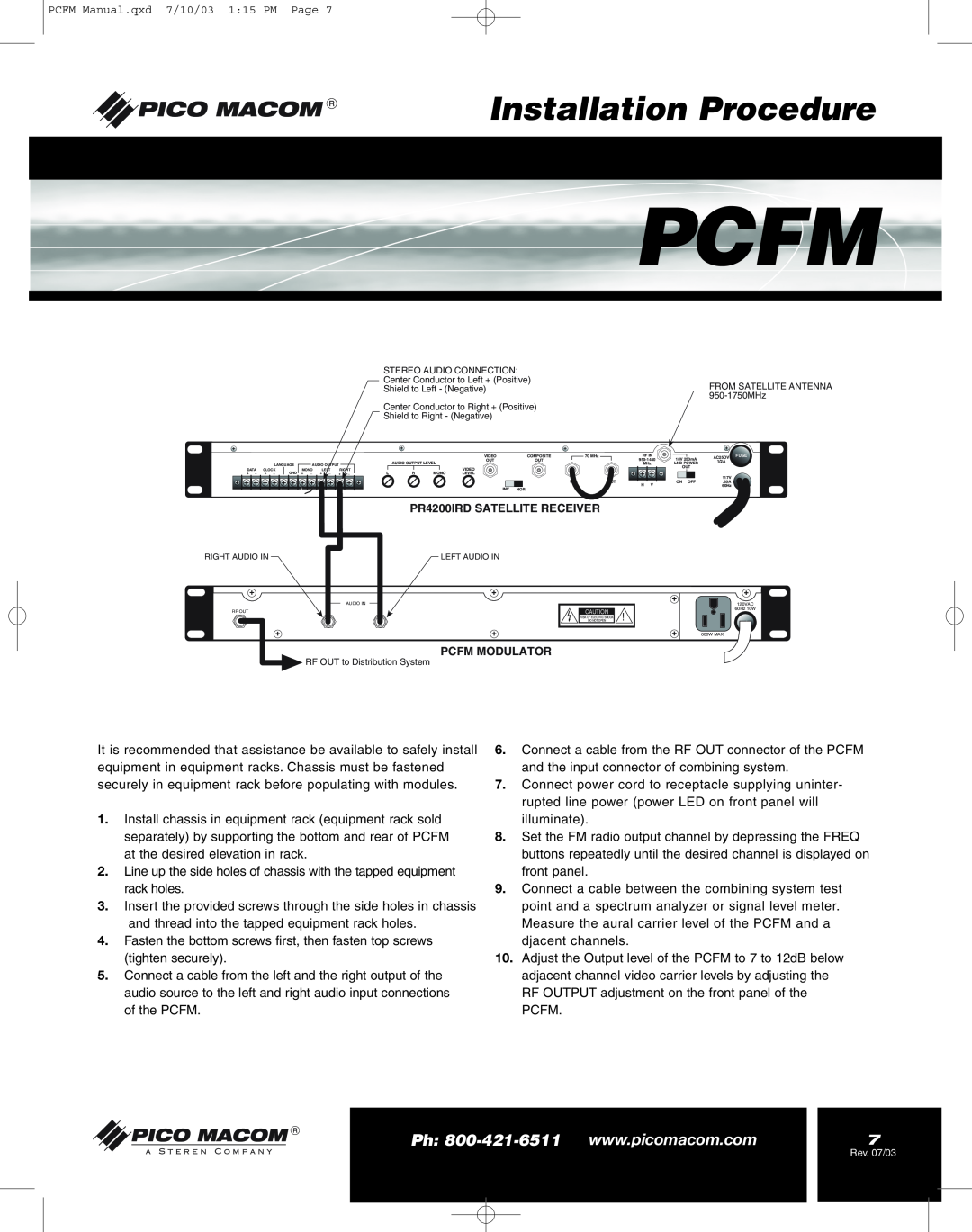 Pico Macom FM Stereo Audio Modulator Installation Procedure, PR4200IRD SATELLITE RECEIVER, Pcfm Modulator 