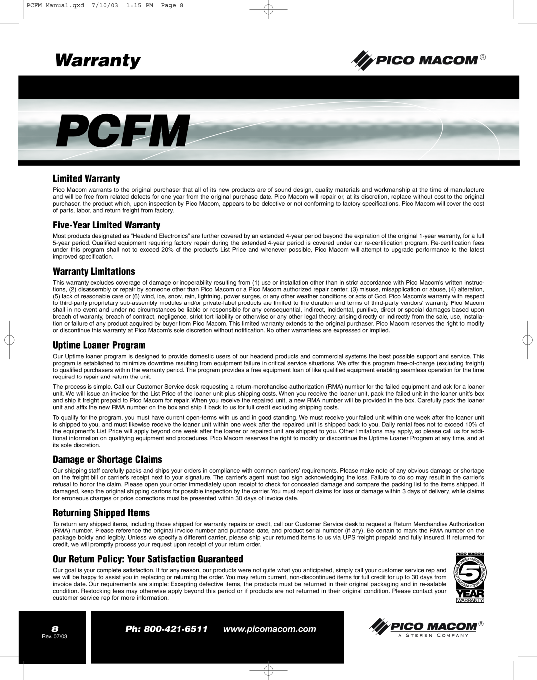 Pico Macom FM Stereo Audio Modulator Five-YearLimited Warranty, Warranty Limitations, Uptime Loaner Program, Pcfm 