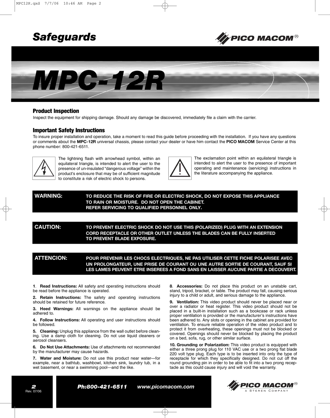 Pico Macom MPC-12R manual Product Inspection, Important Safety Instructions 