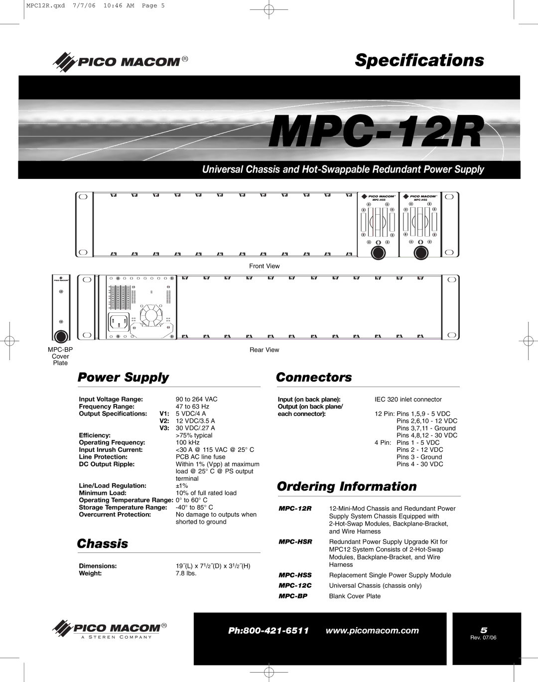 Pico Macom MPC-12R manual Power Supply Connectors, Chassis, Ordering Information 