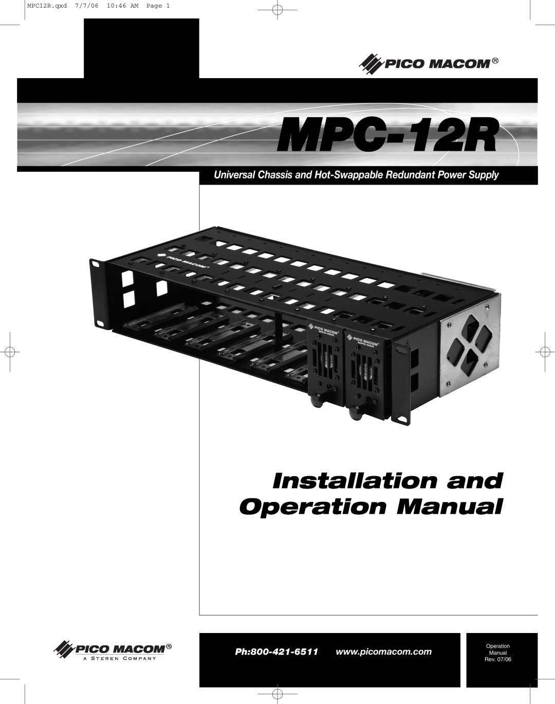 Pico Macom MPC-12R manual Universal Chassis and Hot-Swappable Redundant Power Supply, Installation and Operation Manual 
