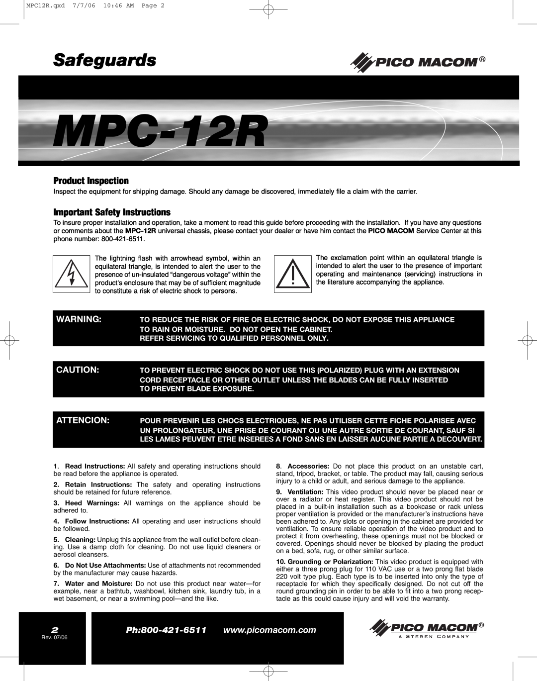 Pico Macom MPC-12R manual Safeguards, Product Inspection, Important Safety Instructions 