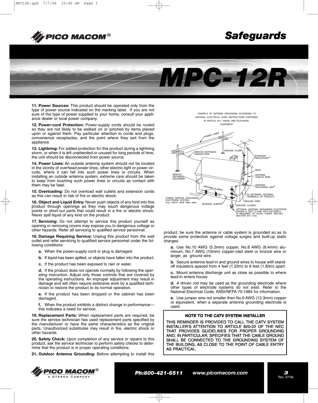 Pico Macom MPC-12R manual Safeguards, Note To The Catv System Installer 