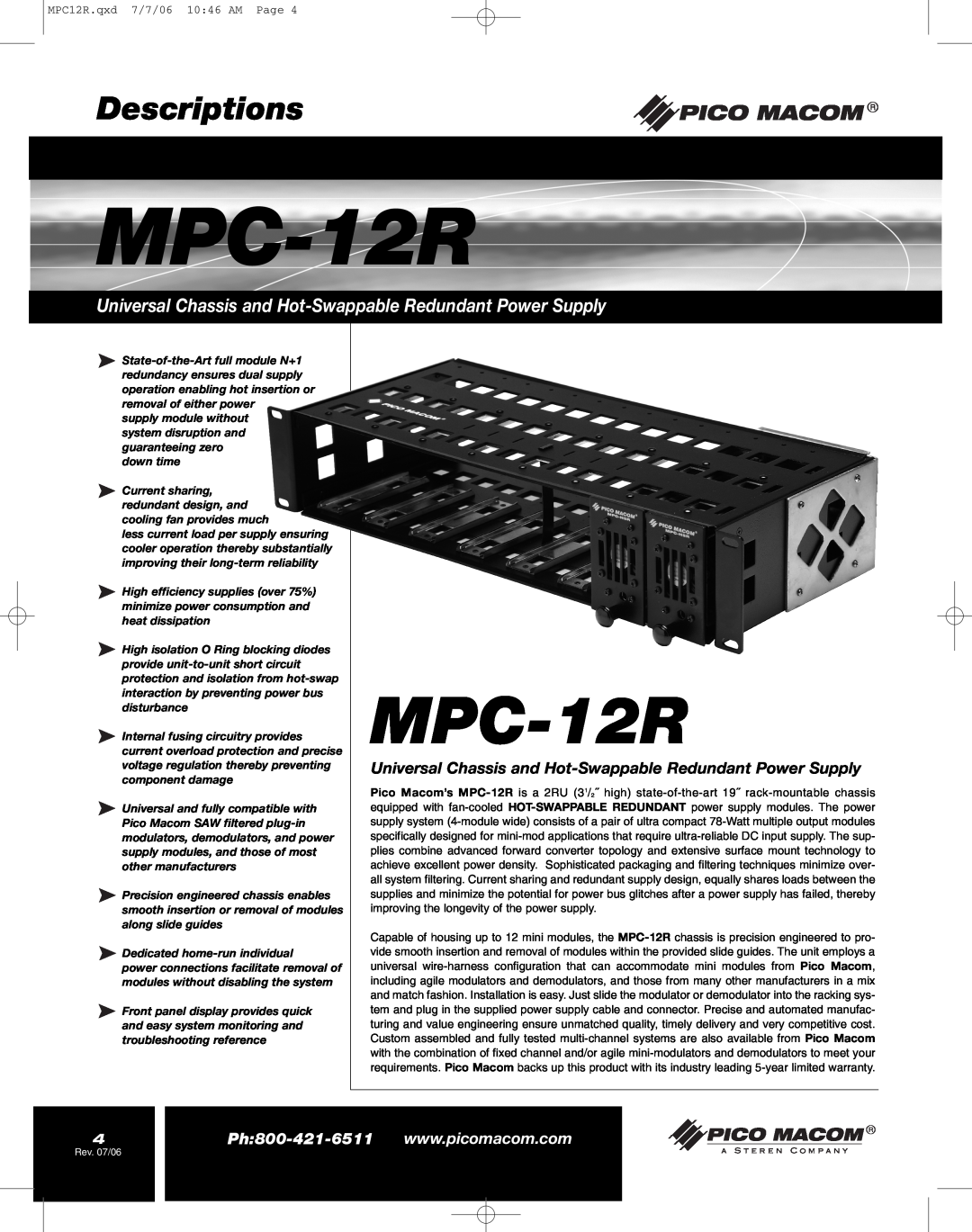 Pico Macom MPC-12R manual Descriptions, Universal Chassis and Hot-Swappable Redundant Power Supply 