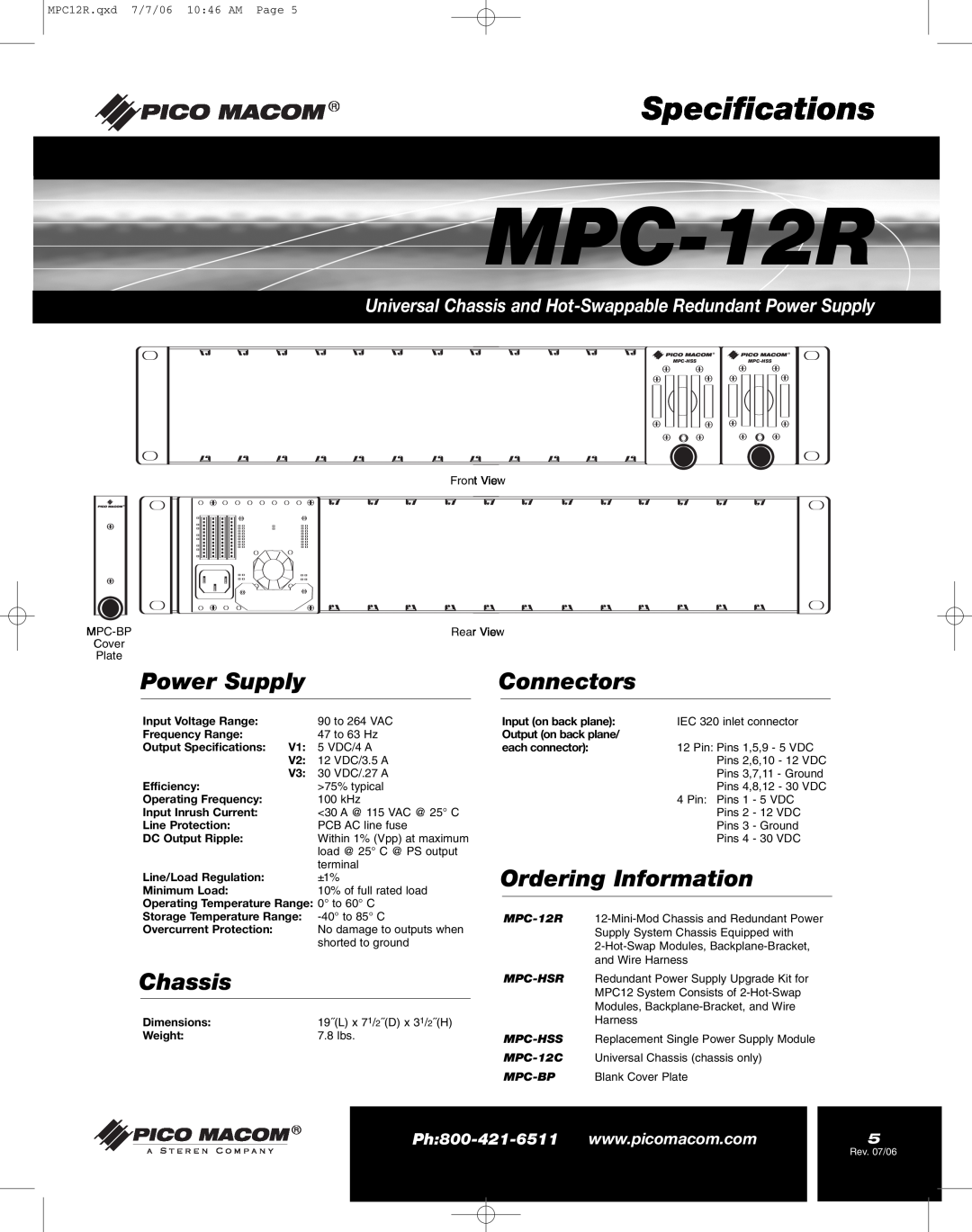 Pico Macom MPC-12R manual Specifications, Power Supply, Connectors, Chassis, Ordering Information 