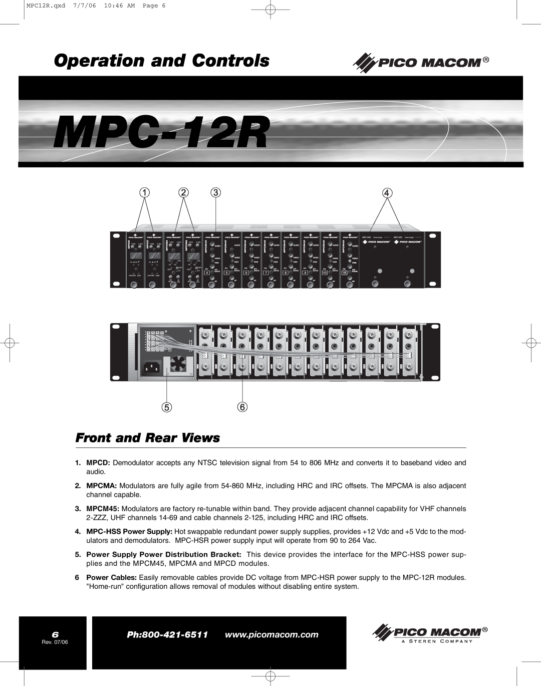 Pico Macom MPC-12R manual Operation and Controls, Front and Rear Views 