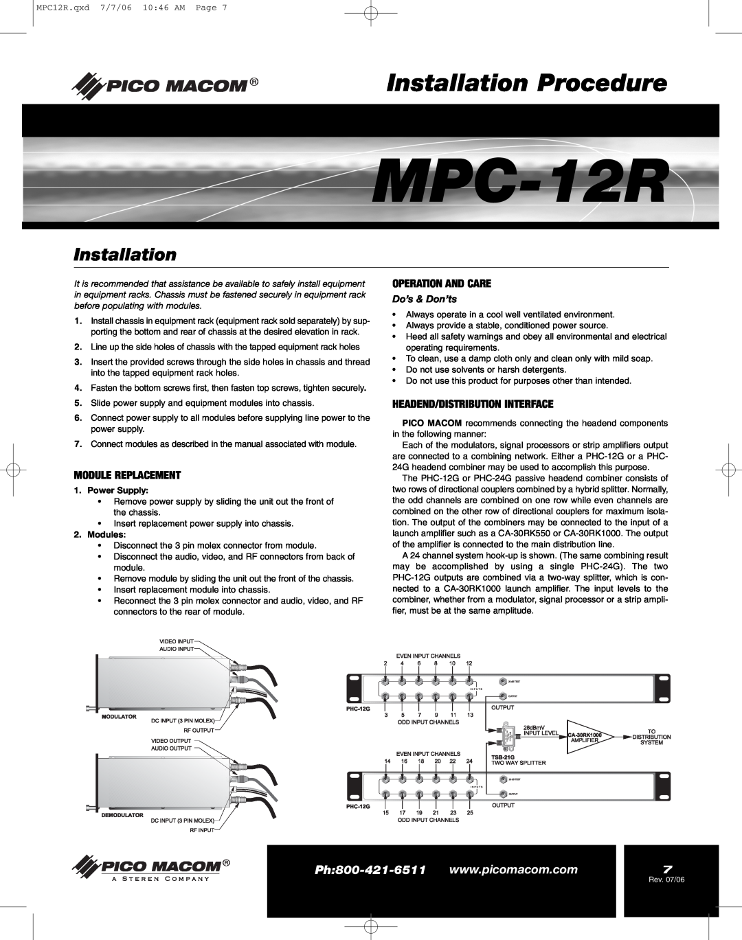 Pico Macom MPC-12R manual Installation Procedure, Module Replacement, Operation And Care, Headend/Distribution Interface 