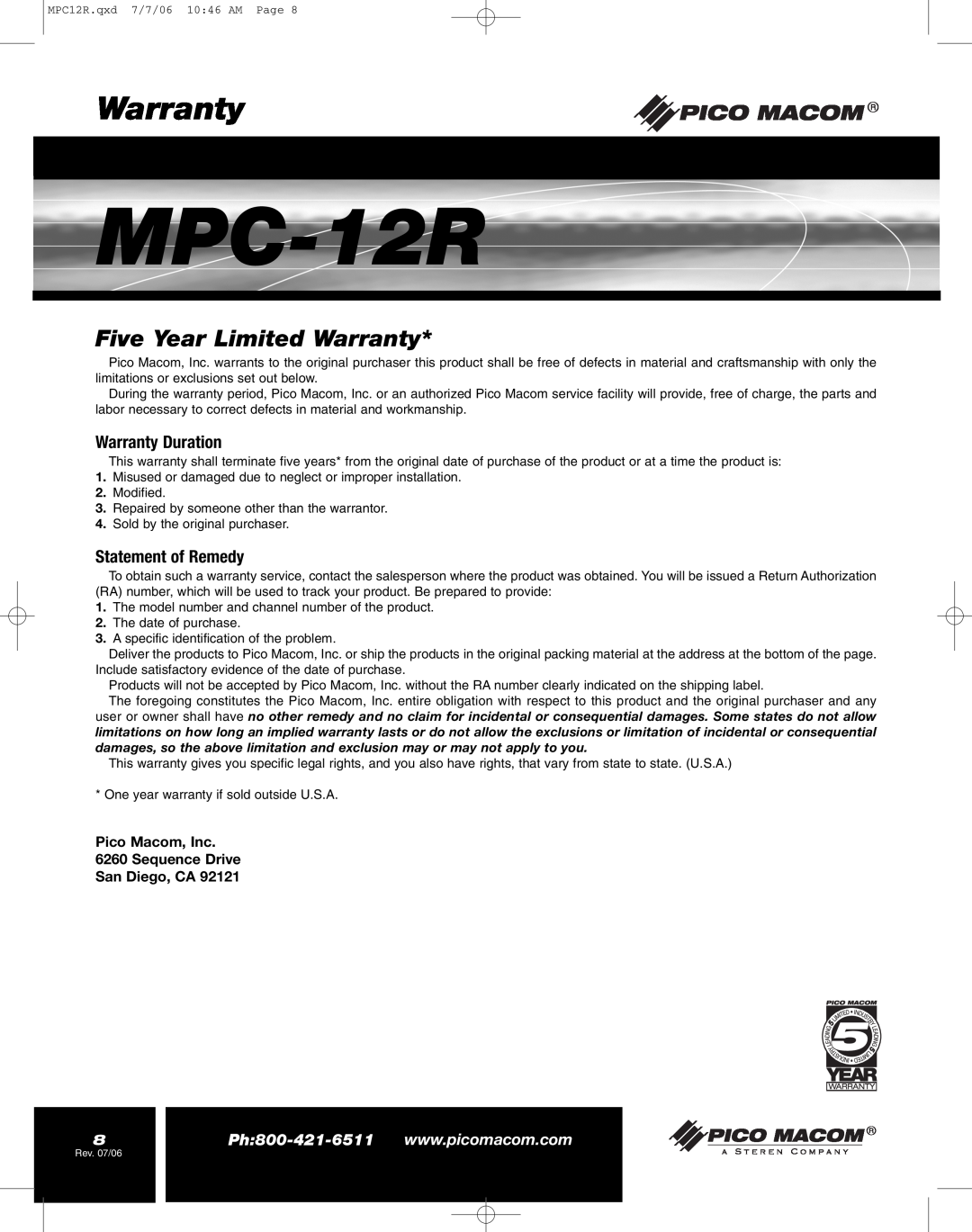 Pico Macom MPC-12R manual Five Year Limited Warranty, Warranty Duration, Statement of Remedy 