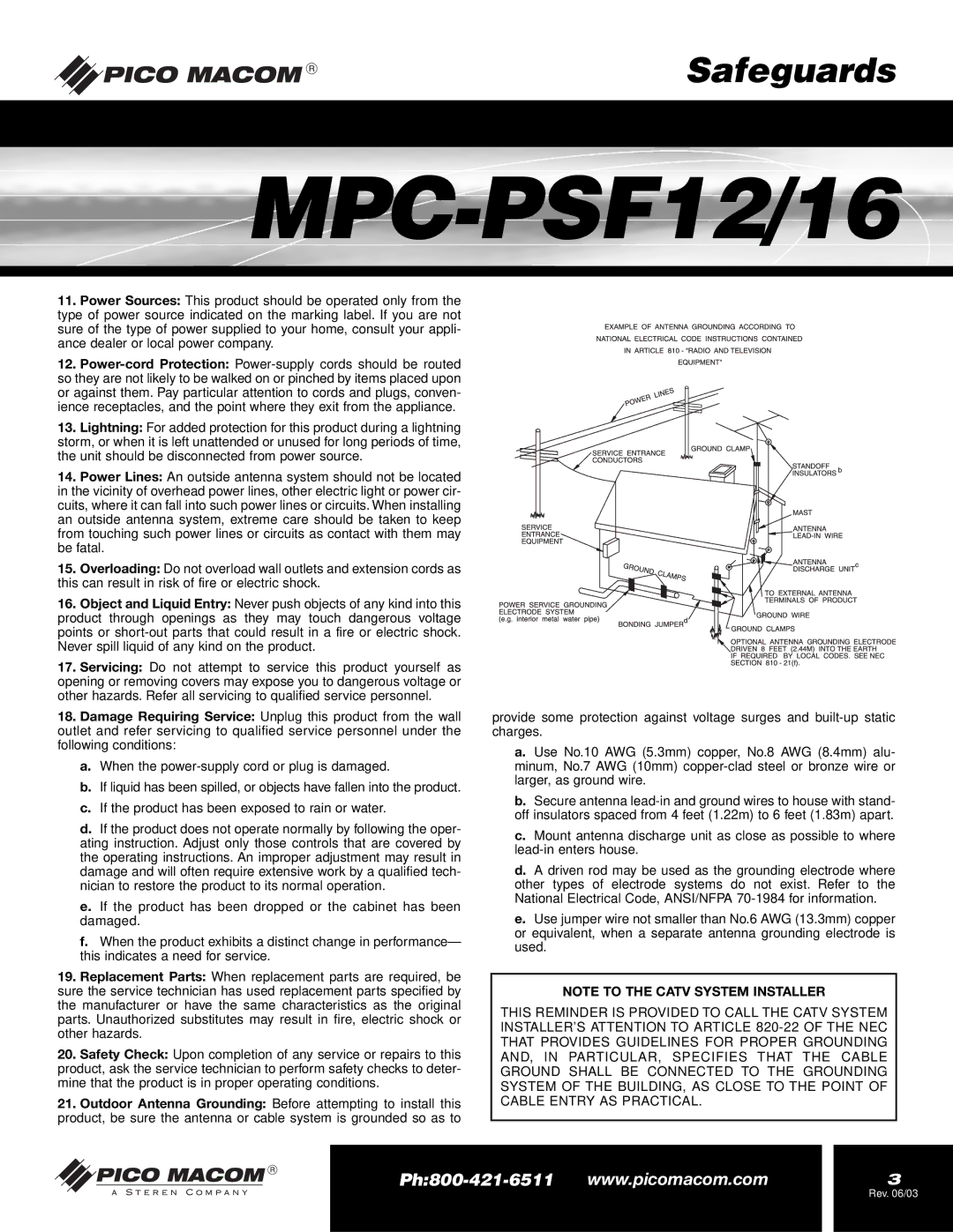 Pico Macom MPC-PSF16, MPC-PSF12 operation manual Rev /03 