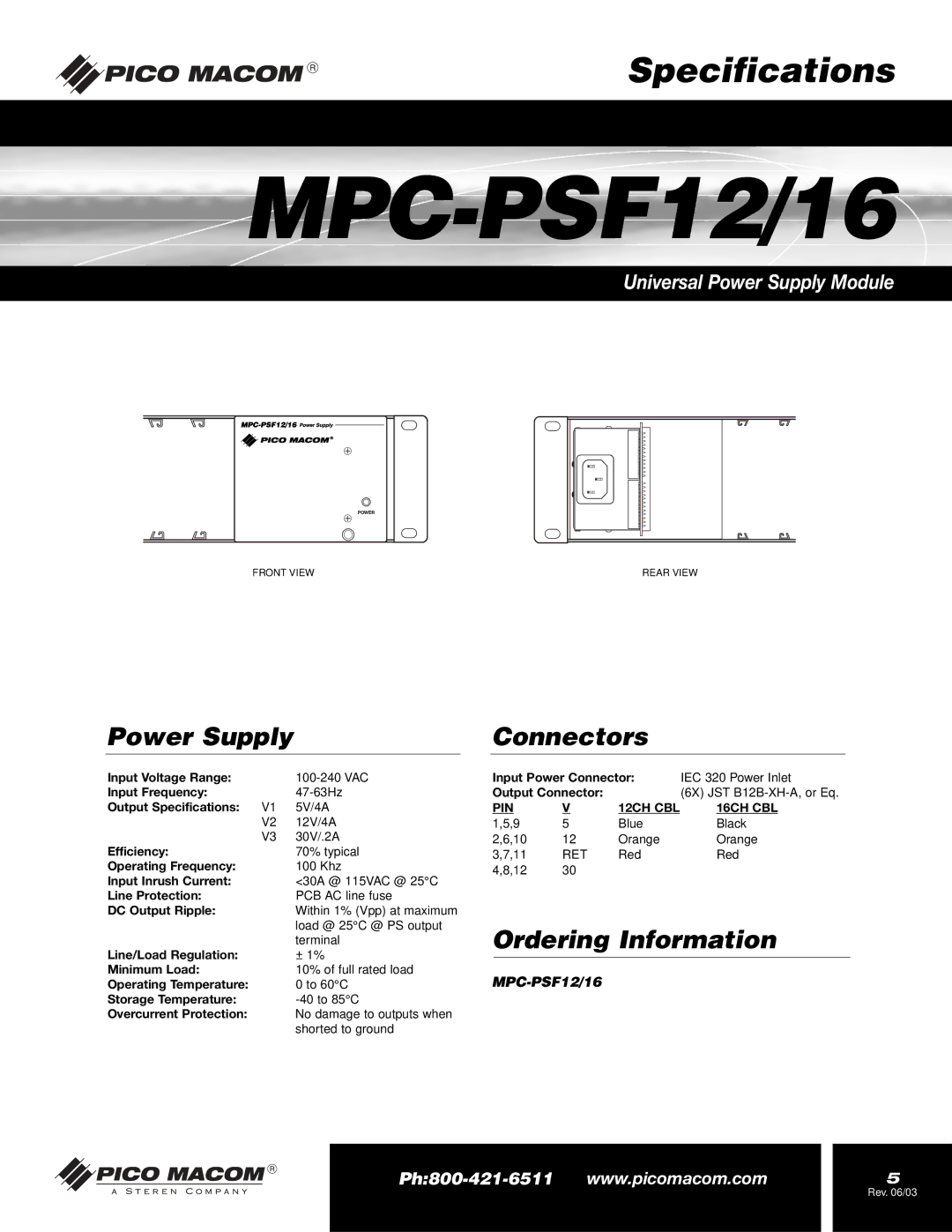 Pico Macom MPC-PSF16, MPC-PSF12 operation manual Power Supply, Connectors, Ordering Information 