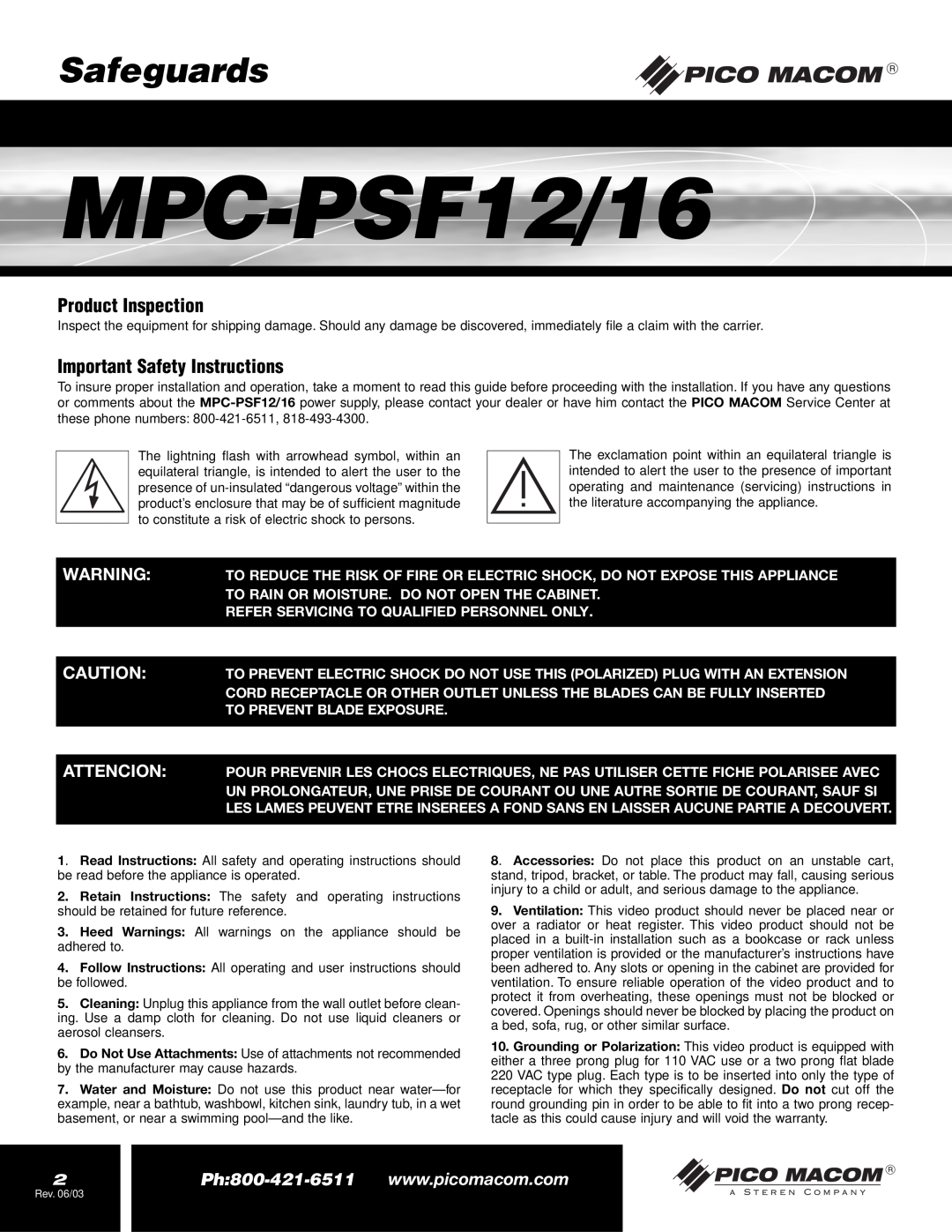Pico Macom MPC-PSF16 operation manual Safeguards, Product Inspection, Important Safety Instructions, MPC-PSF12/16 