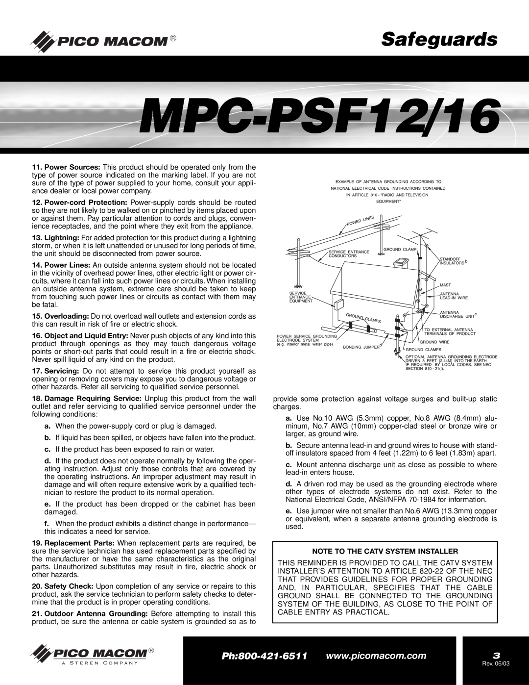 Pico Macom MPC-PSF16 operation manual MPC-PSF12/16, Safeguards, Note To The Catv System Installer 
