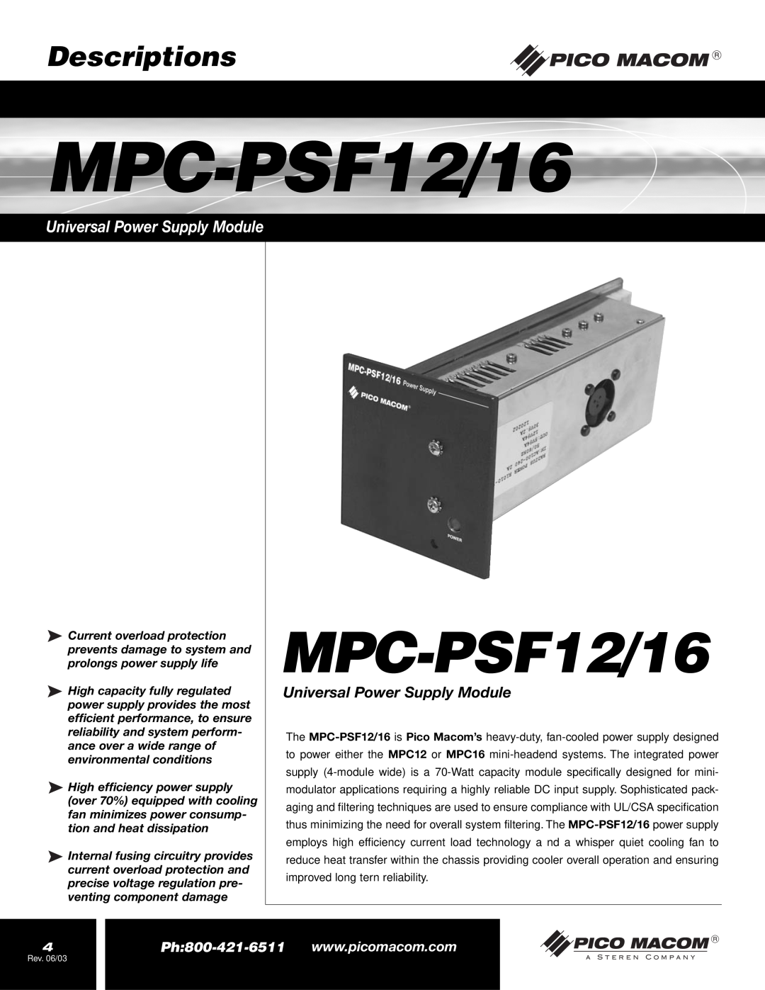 Pico Macom MPC-PSF16 operation manual Descriptions, MPC-PSF12/16, Universal Power Supply Module 