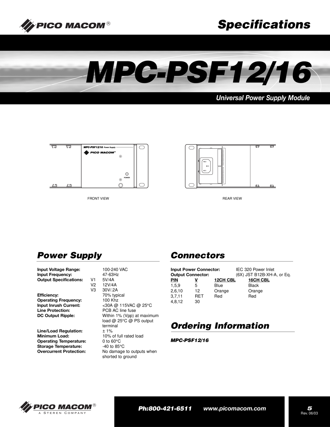 Pico Macom MPC-PSF16 operation manual Specifications, Power Supply, Connectors, Ordering Information, MPC-PSF12/16 