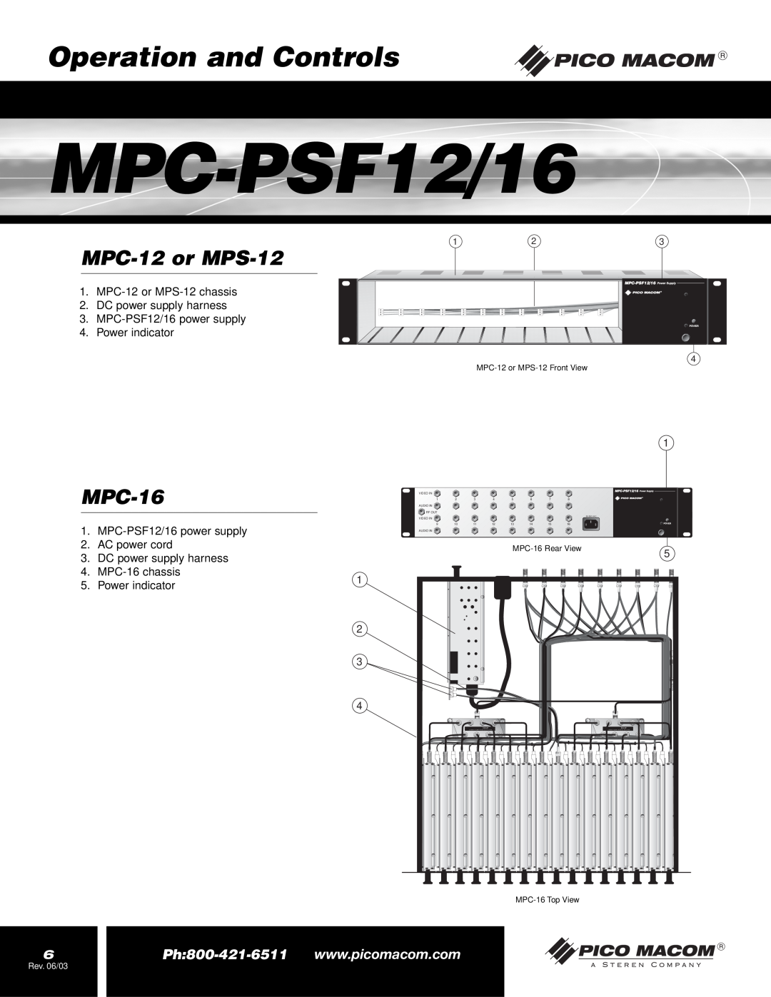 Pico Macom Operation and Controls, MPC-12 or MPS-12, MPC-16, MPC-PSF12/16, Power indicator, Rev. 06/03, Video In 