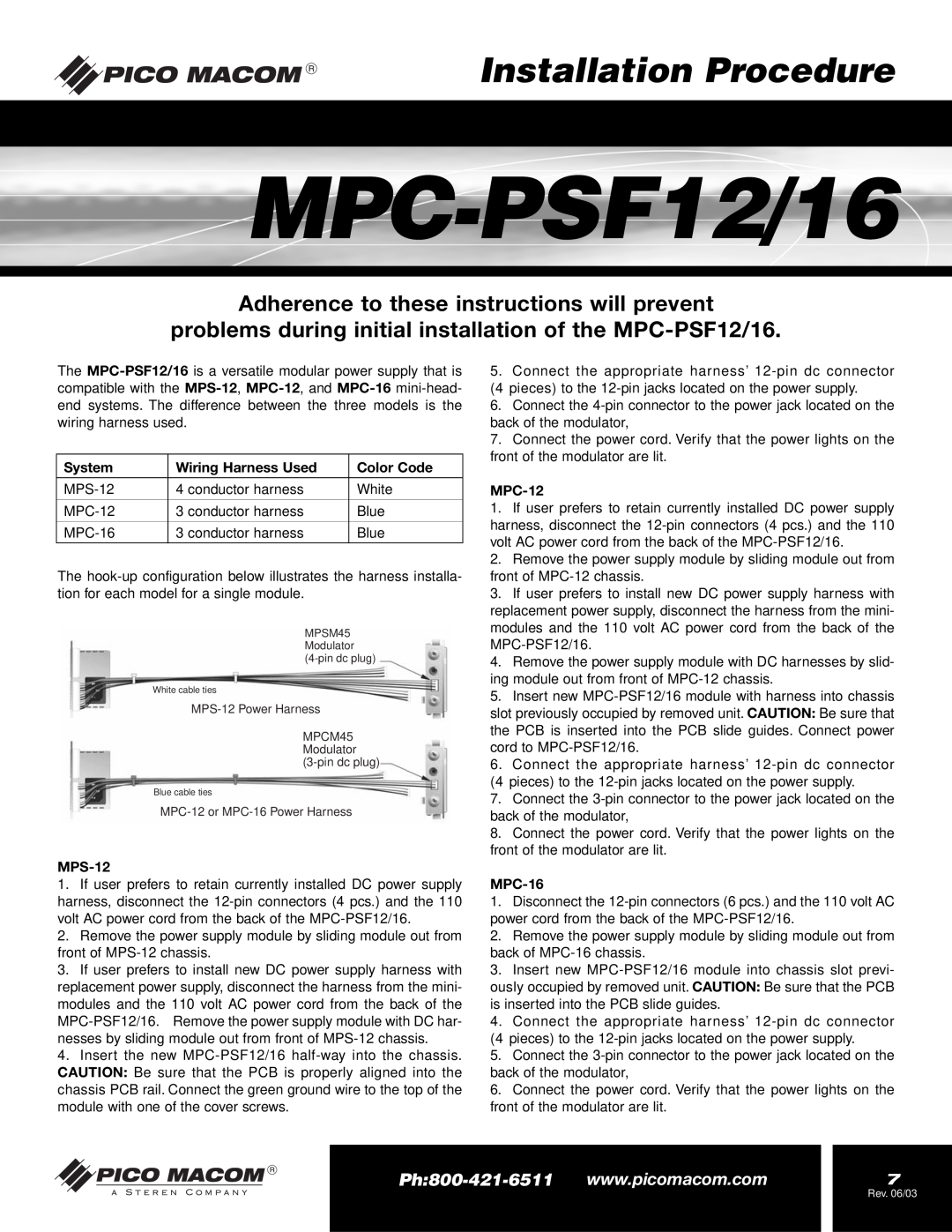 Pico Macom MPC-PSF16 Installation Procedure, MPC-PSF12/16, Adherence to these instructions will prevent, System, MPS-12 