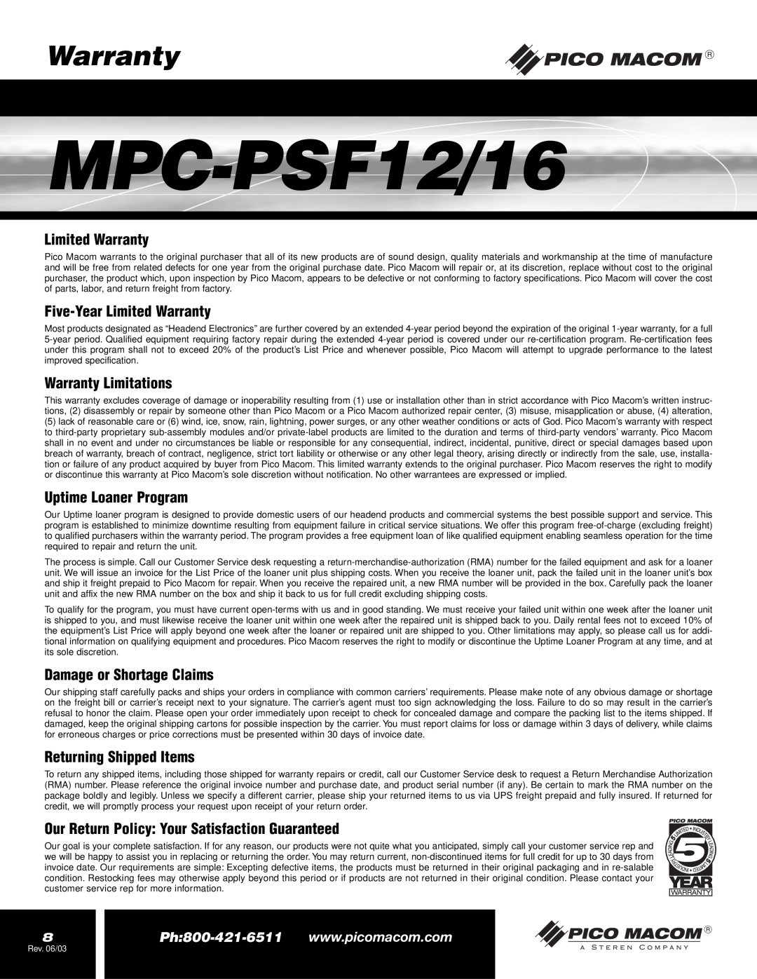 Pico Macom MPC-PSF16 Five-Year Limited Warranty, Warranty Limitations, Uptime Loaner Program, MPC-PSF12/16 