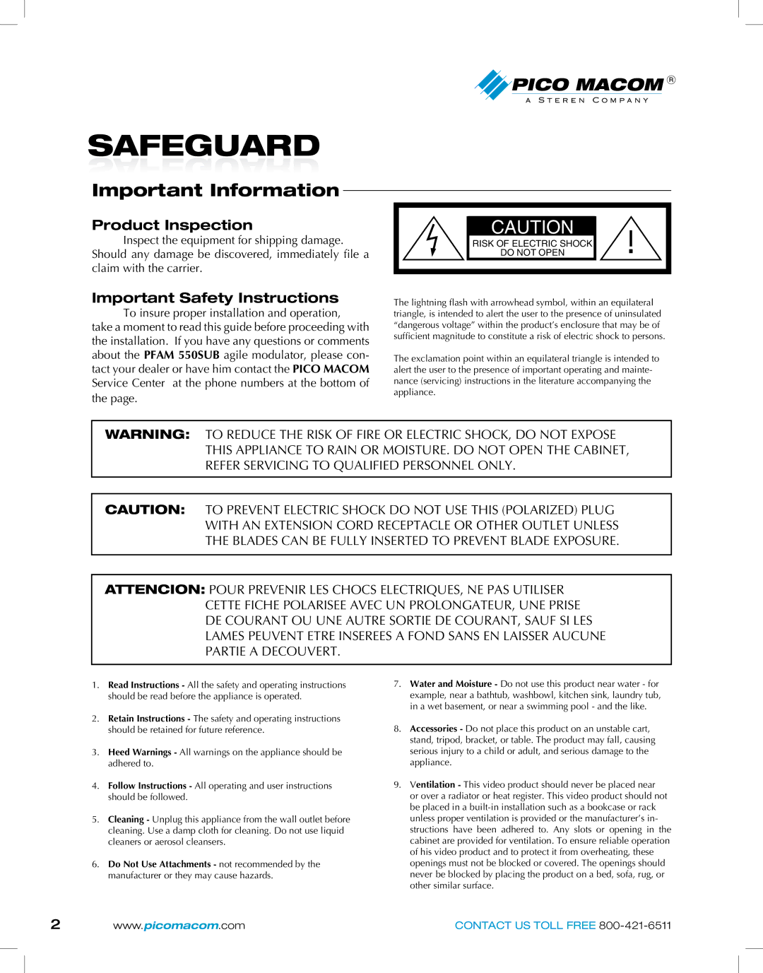 Pico Macom PFAM-550SUB owner manual Safeguard, Product Inspection, Important Safety Instructions 