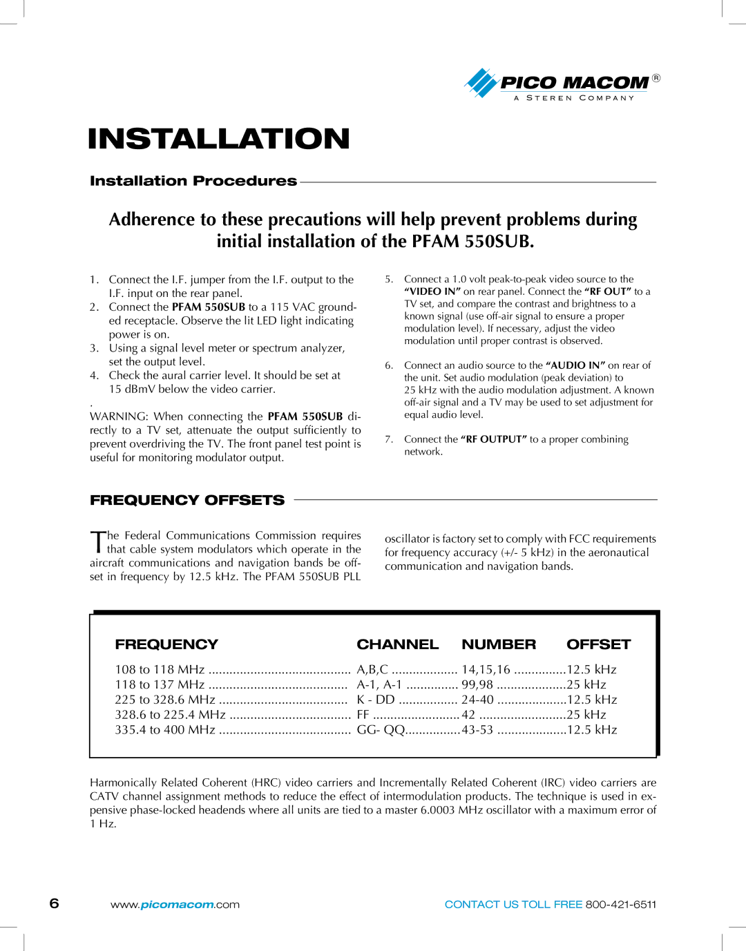 Pico Macom PFAM-550SUB owner manual InstaLlation, Installation Procedures 