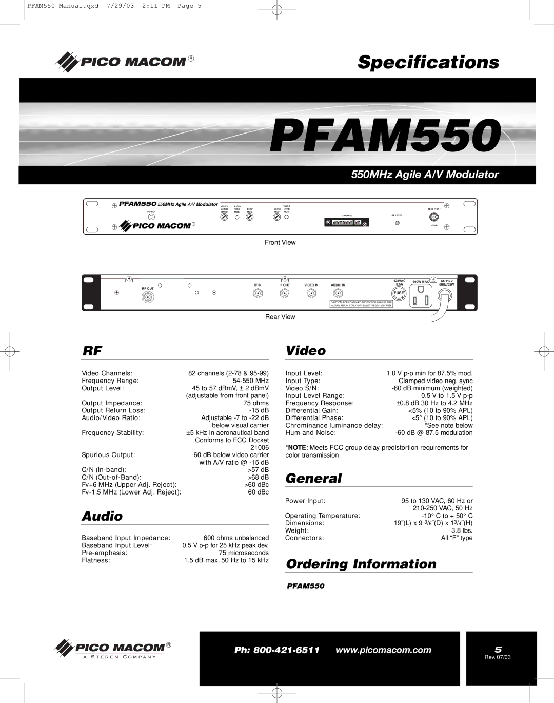 Pico Macom PFAM550 operation manual Specifications 