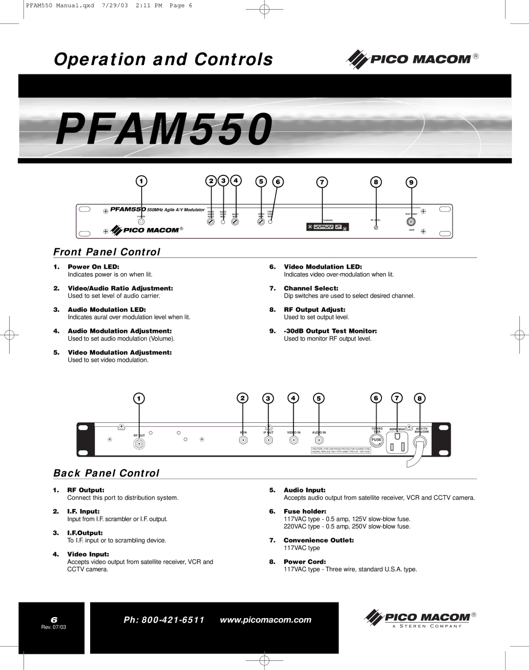 Pico Macom PFAM550 operation manual Operation and Controls 