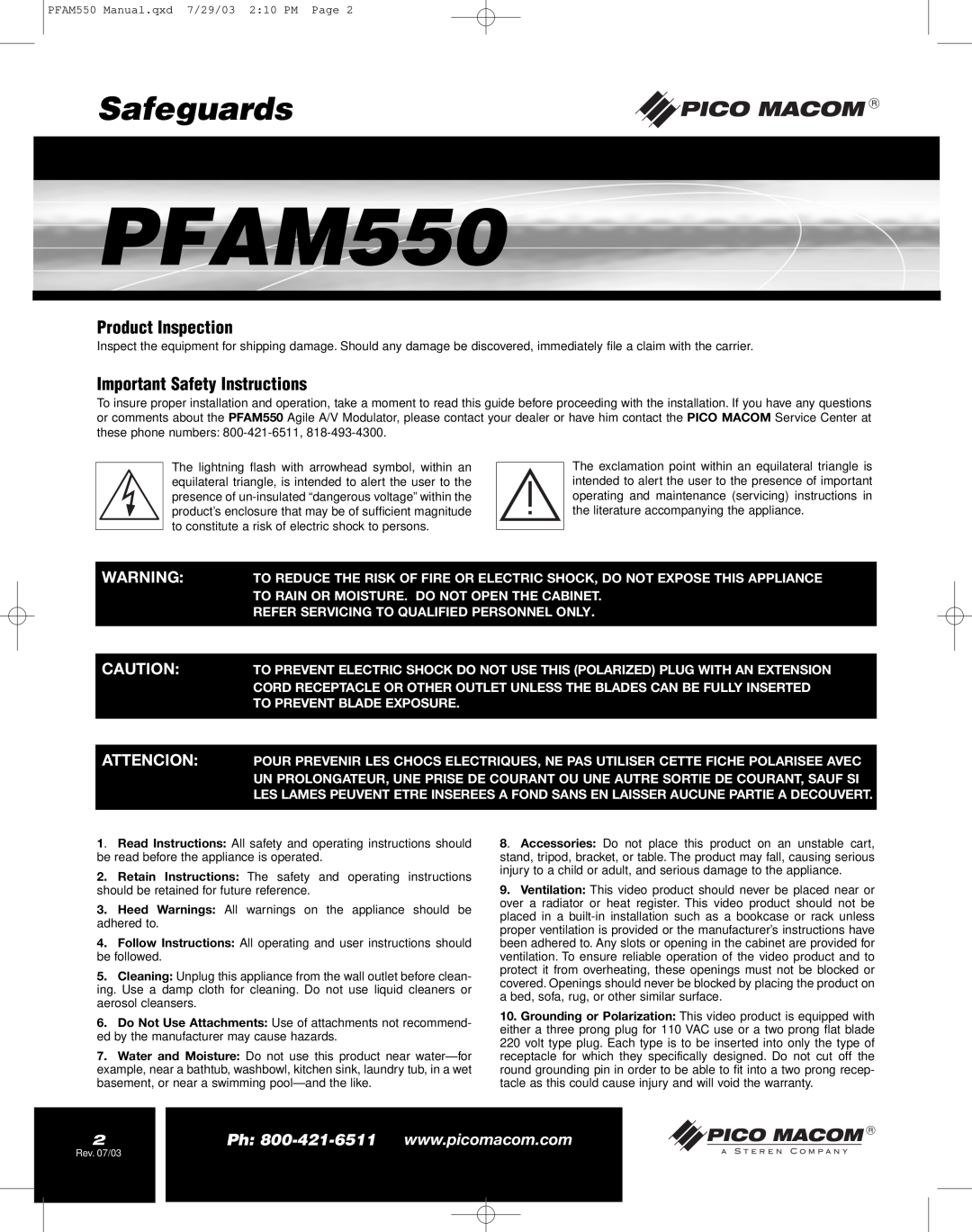 Pico Macom PFAM550 operation manual Safeguards, Product Inspection, Important Safety Instructions 