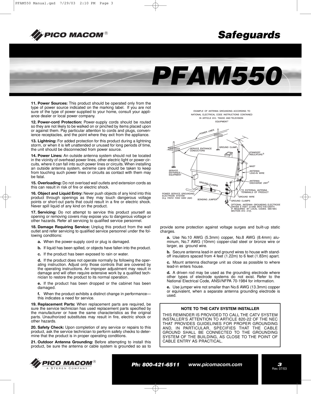 Pico Macom PFAM550 operation manual Safeguards, Note To The Catv System Installer 