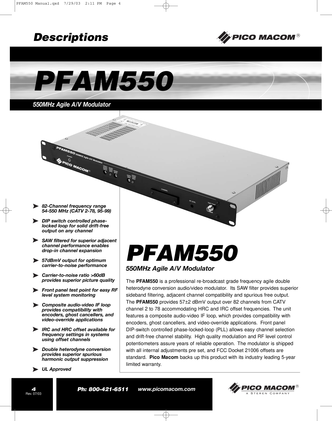 Pico Macom PFAM550 operation manual Descriptions, 550MHz Agile A/V Modulator 