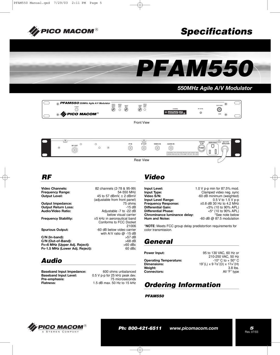 Pico Macom PFAM550 Specifications, RFVideo, Audio, General, Ordering Information, 550MHz Agile A/V Modulator 
