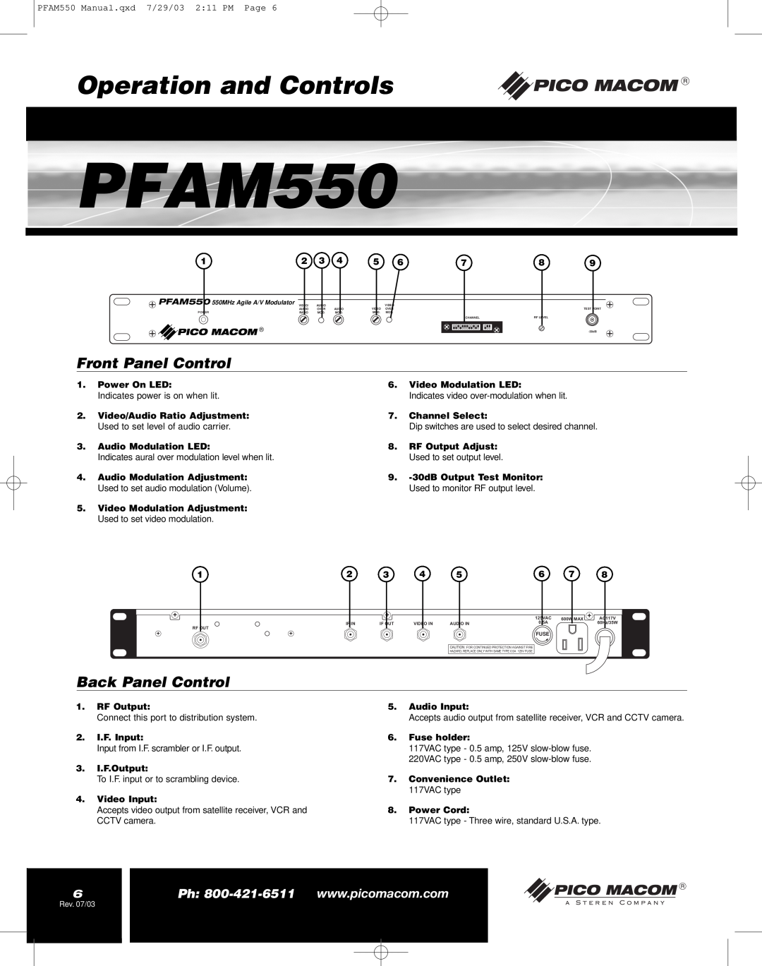 Pico Macom PFAM550 operation manual Operation and Controls, Front Panel Control, Back Panel Control 