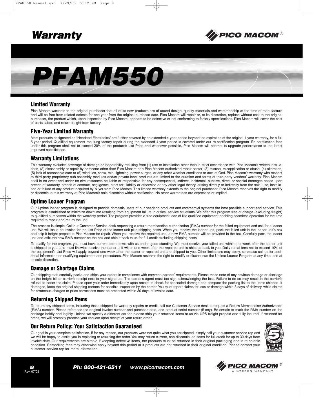 Pico Macom PFAM550 Five-YearLimited Warranty, Warranty Limitations, Uptime Loaner Program, Returning Shipped Items 