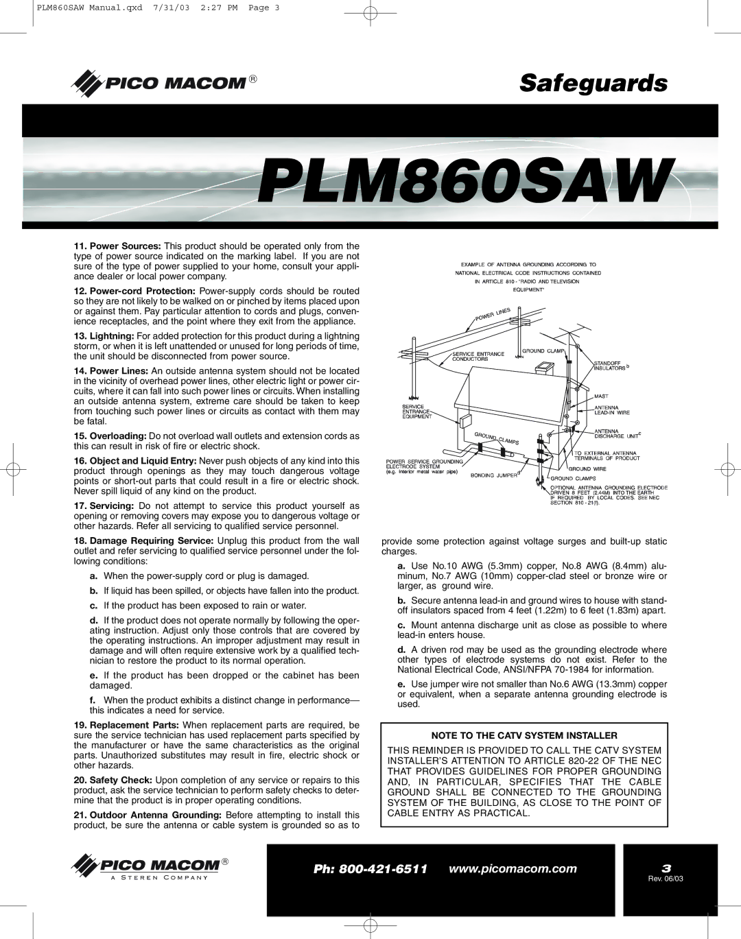 Pico Macom PFAM860SAW operation manual PLM860SAW 