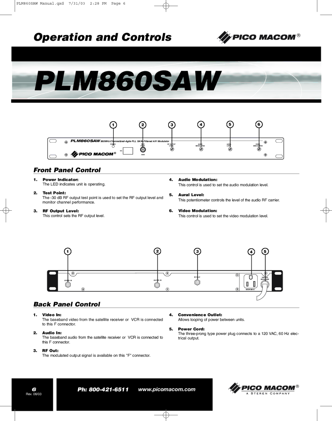 Pico Macom PFAM860SAW operation manual Front Panel Control, Back Panel Control 